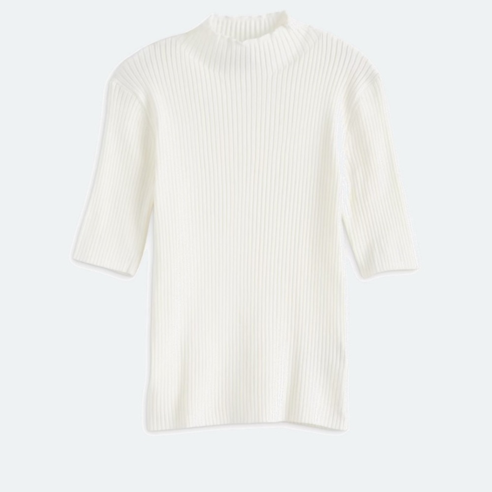 Faith & Zoe Cream Ribbed Mock Neck Short Sleeve Top